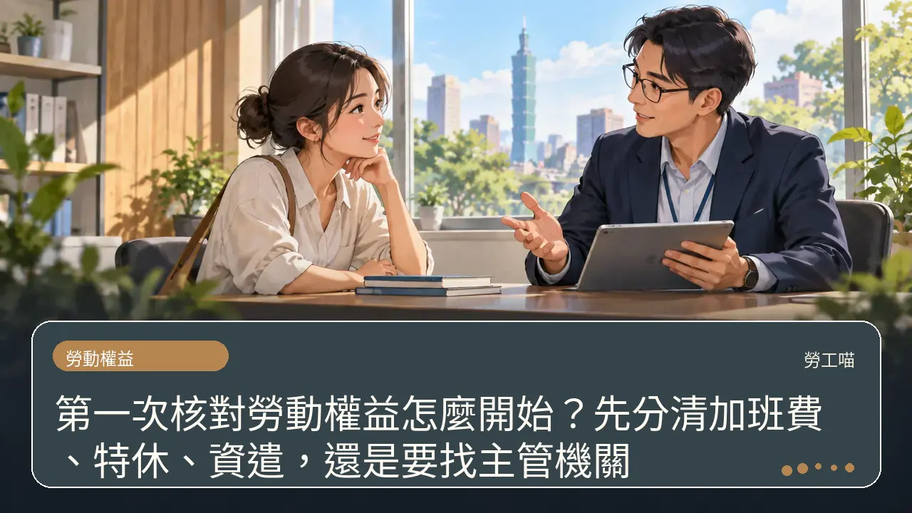 第一次核對勞動權益怎麼開始?先分清加班費、特休、資遣,還是要找主管機關主題插畫