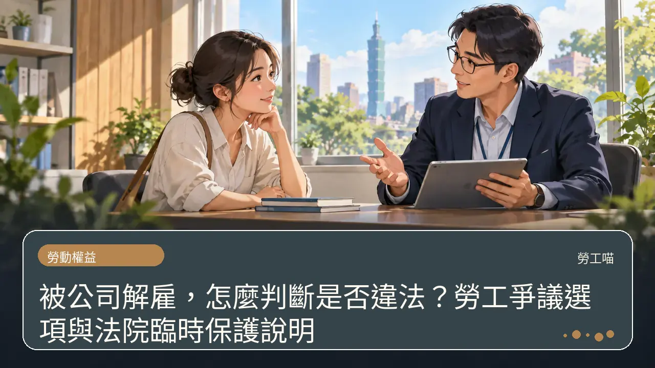 被公司解雇，怎麼判斷是否違法？勞工爭議選項與法院臨時保護說明主題插畫
