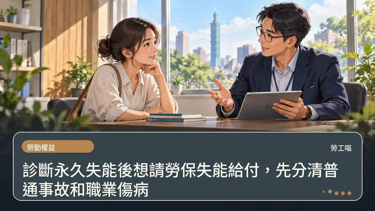 診斷永久失能後想請勞保失能給付,先分清普通事故和職業傷病主題插畫