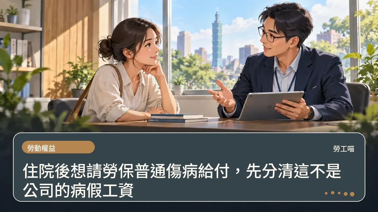 住院後想請勞保普通傷病給付，先分清這不是公司的病假工資主題插畫