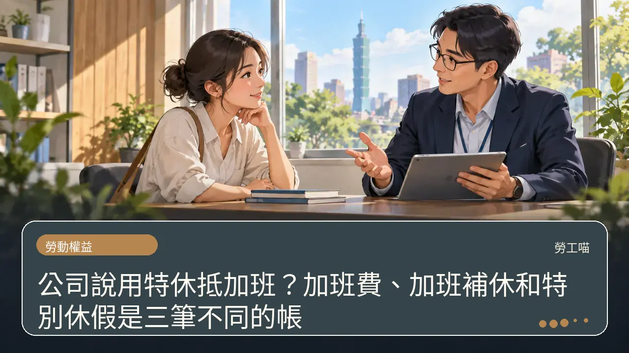 公司說用特休抵加班？加班費、加班補休和特別休假是三筆不同的帳主題插畫