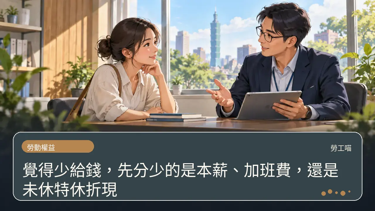 覺得少給錢，先分少的是本薪、加班費，還是未休特休折現主題插畫