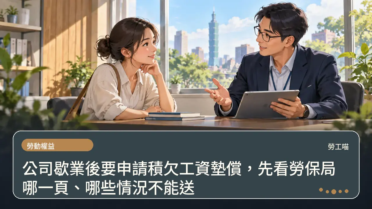 公司歇業後要申請積欠工資墊償,先看勞保局哪一頁、哪些情況不能送主題插畫